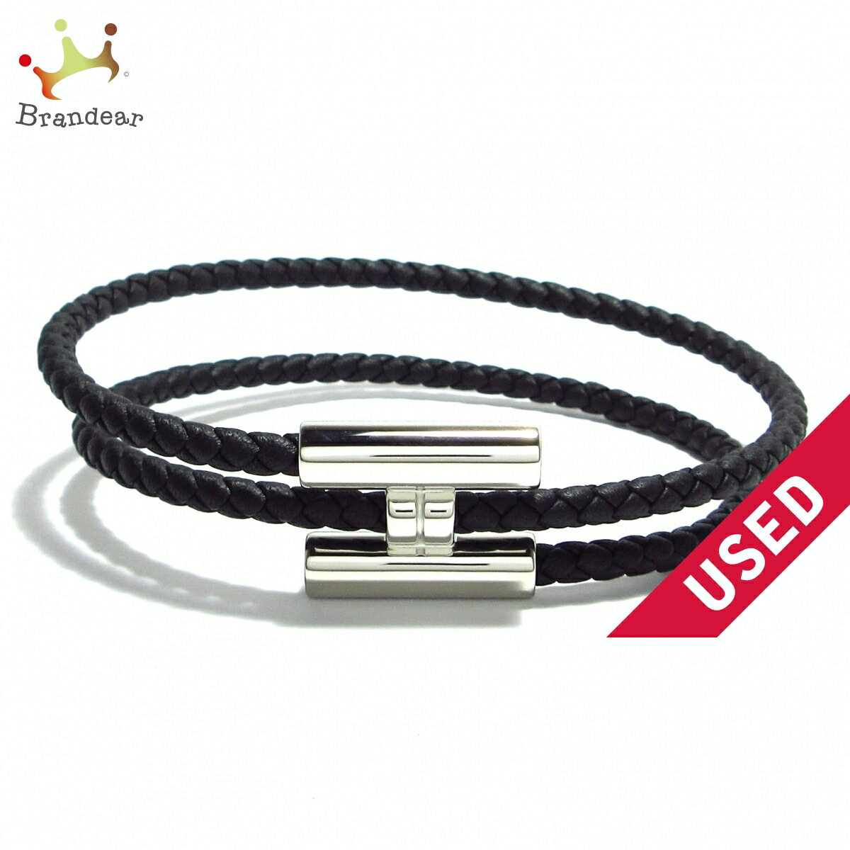 【新着】【中古】HERMES(エルメス) トゥルニ バングル 編み込み 黒×シルバー レザー×金属素材のサムネイル