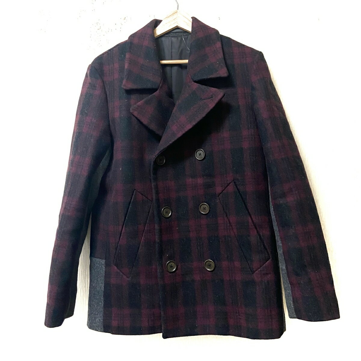 【新着】【中古】PaulSmith(ポールスミス) Pコート チェック柄/冬物 ボルドー×黒×グレー