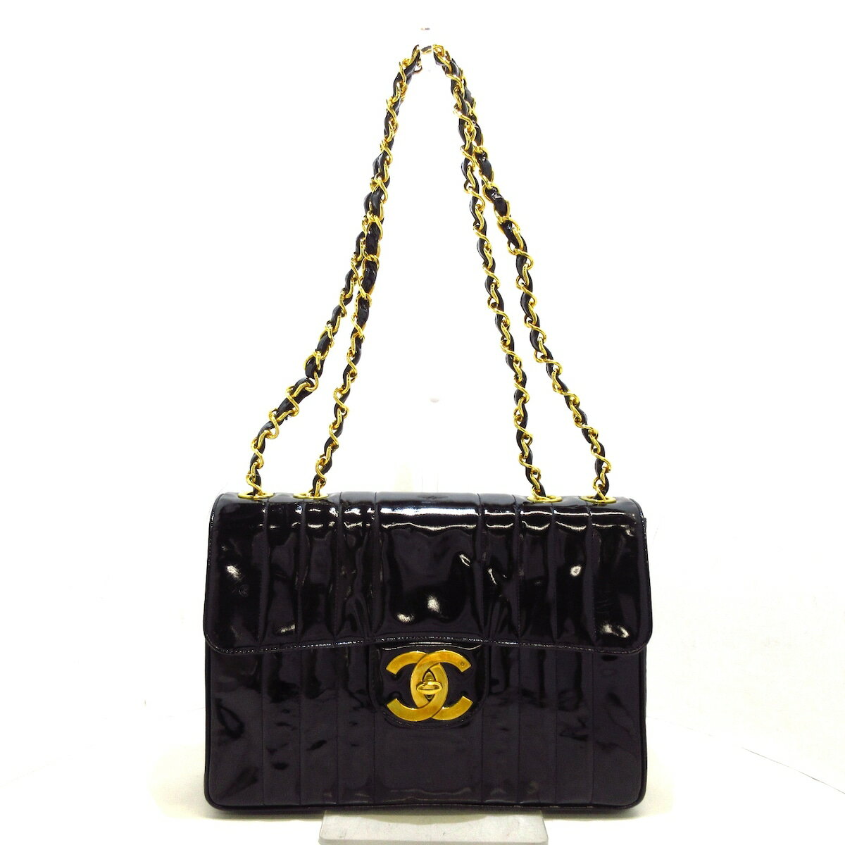 【中古】CHANEL(シャネル) ニューマドモアゼル ショルダーバッグ チェーンショルダー/ゴールド金具 黒 エナメル（レザー）