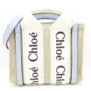 【新着】【中古】Chloe(クロエ) ウッディナノトート トートバッグ ミニバッグ グレーベージュ×ライトブルー×アイボリー 麻×レザー×コットン