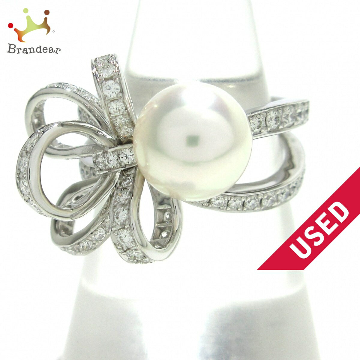 【新着】【中古】mikimoto(ミキモト) Jeux de Rubans(ジュ ドゥ リュバン) リング ハーフダイヤ/ダイヤ0.64カラット/1Pパール直径約8.75mm/リボン K18WG×ダイヤモンド×アコヤパールのサムネイル