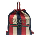 【新着】【中古】GUCCI(グッチ) ロゴ シルヴィ ストライプ プリント キャンバス リュックサック ストライプ/2way レッド×ダークネイビー×白 シルヴィバイアデラリネンキャンパス×レザー