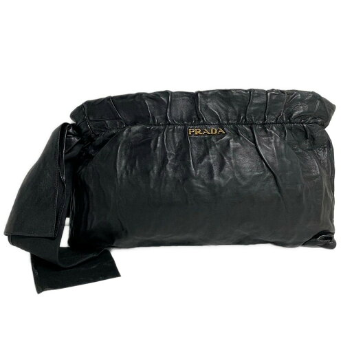 【中古】PRADA(プラダ) クラッチバッグ 革タグ/ギャザー/リボン 黒 レザー 【中古】PRADA(プラダ) クラッチバッグ 革タグ/ギャザー/リボン 黒 レザー