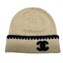 【中古】CHANEL(シャネル) ニット帽 ココマーク ベージュ×ダークネイビー カシミヤ、シルク