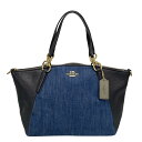 【中古】COACH(コーチ) デニムフローラルミックスレザースモールケルシーサッチェル ハンドバッグ ブルー×黒 レザー
