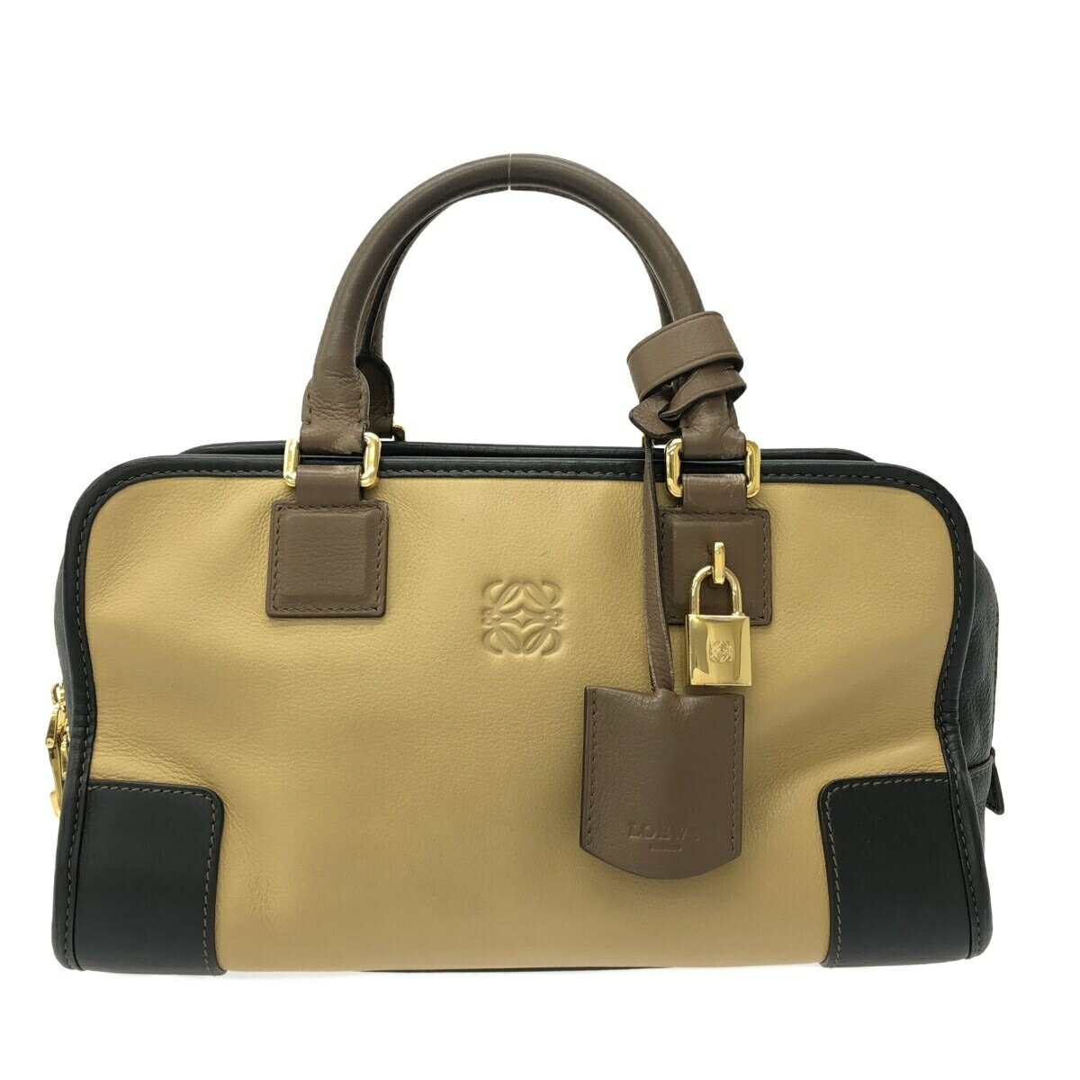 【新着】【中古】LOEWE(ロエベ) アマソナ28 ハンドバッグ ベージュ×黒×ダークブラウン レザー