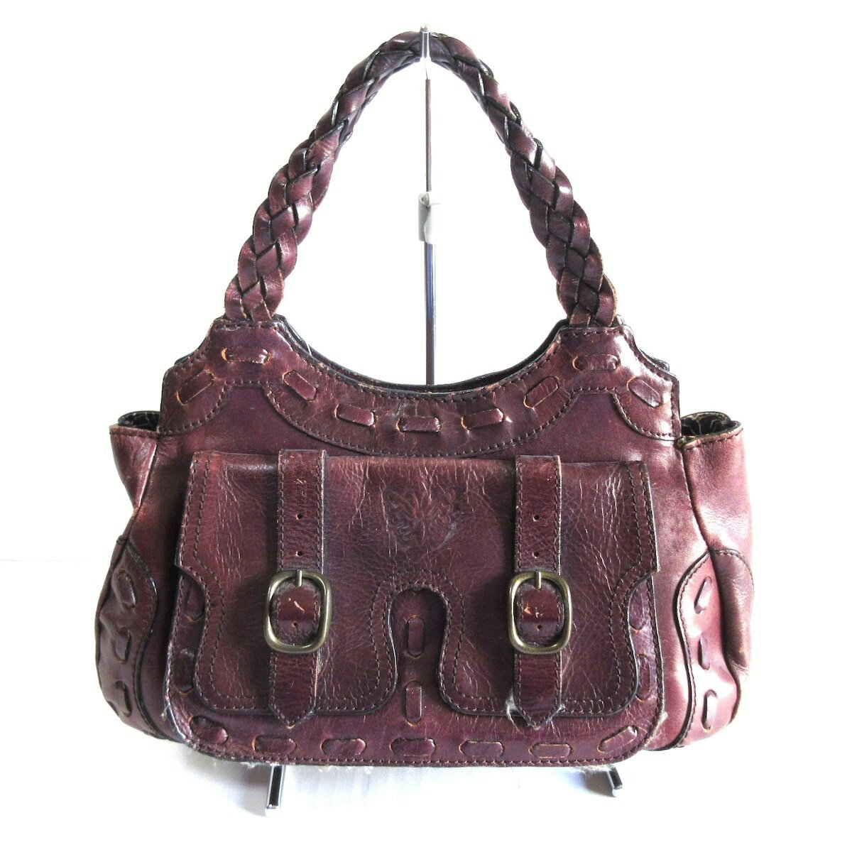 【中古】ANNA SUI(アナスイ) ハンドバッグ 編み込み/ベルト ダークブラウン レザー