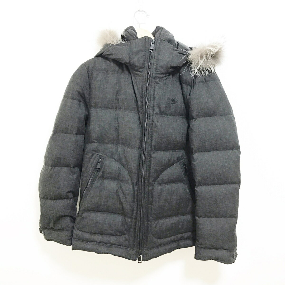 【中古】Burberry Black Label(バーバリーブラックレーベル) ダウンジャケット 長袖/チェック柄/フード取り外し可/冬 ダークグレー×黒×マルチ