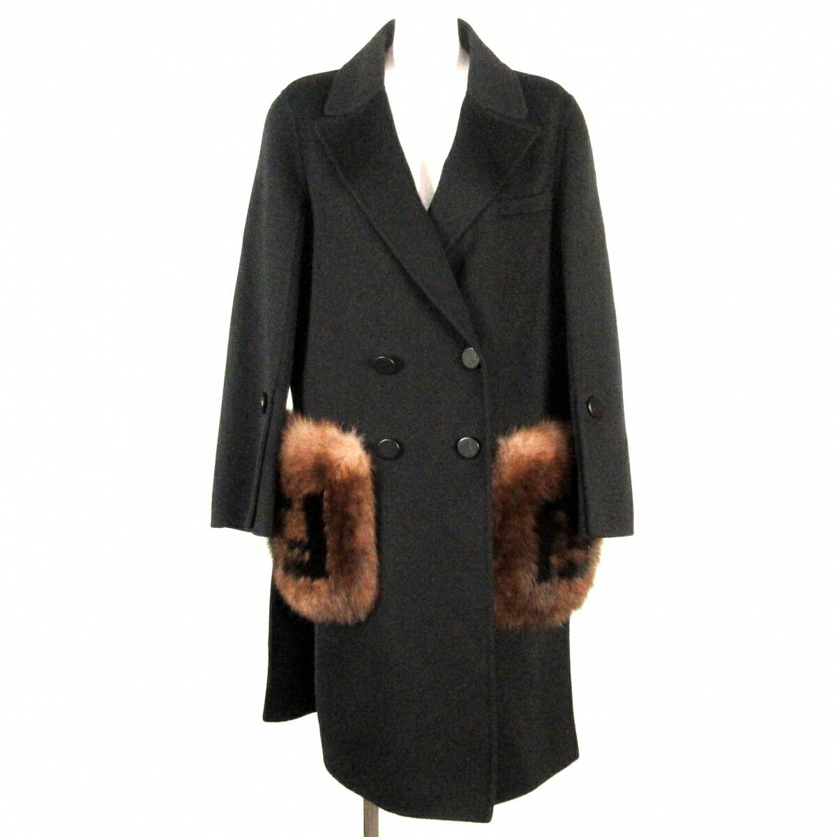 【新着】【中古】FENDI(フェンディ) コート 長袖/フォックスファー/ダブルブレストチェスターコート/FFロゴ/冬 黒×ダークブラウンのサムネイル