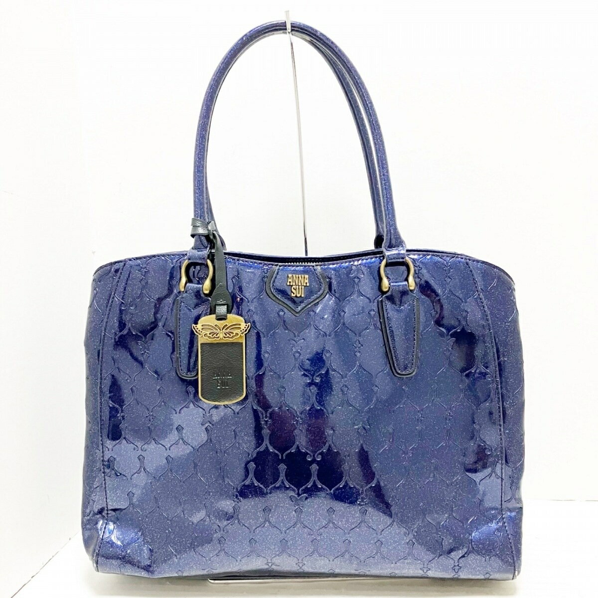 【中古】ANNA SUI(アナスイ) ハンドバッグ 型押し加工 ダークネイビー エナメル（レザー）