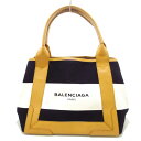 【中古】BALENCIAGA(バレンシアガ) ネイビーカバスS トートバッグ 黒×白×ライトブラウン キャンバス×レザー