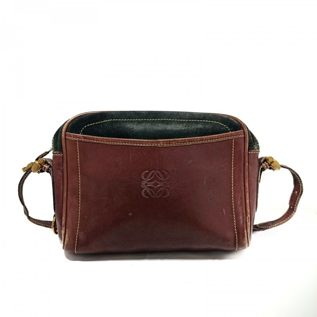 【中古】LOEWE(ロエベ) ショルダーバッグ ダークブラウン×ダークグリーン レザー×スエード