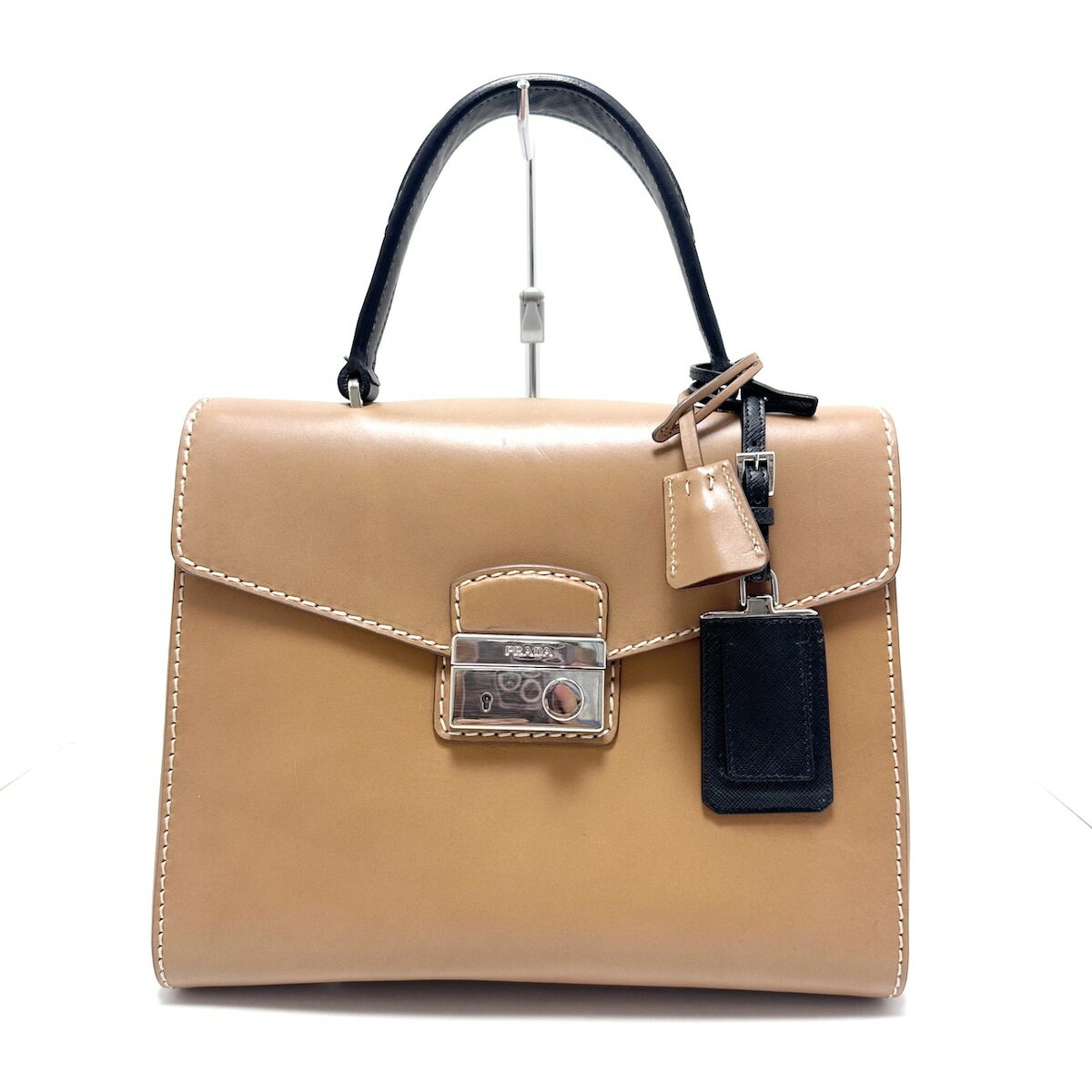 【中古】PRADA(プラダ) ハンドバッグ サウンドロック ライトブラウン×黒 レザー