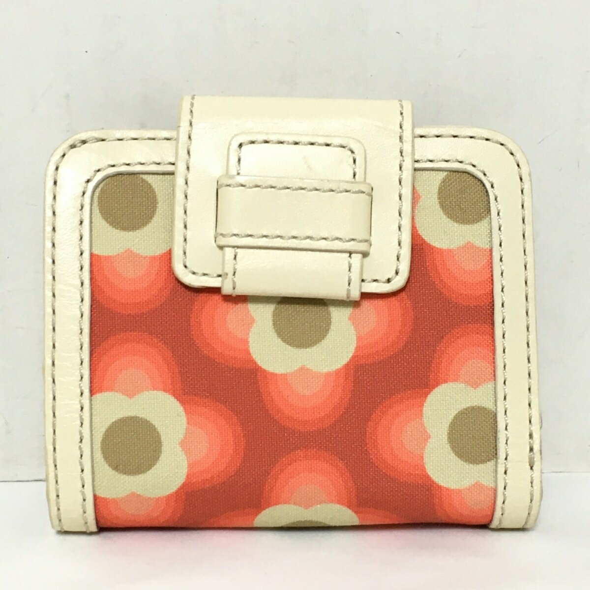 【中古】orla kiely(オーラカイリー) 2つ折り財布 花柄 レッド×アイボリー×ボルドー ナイロン×レザー