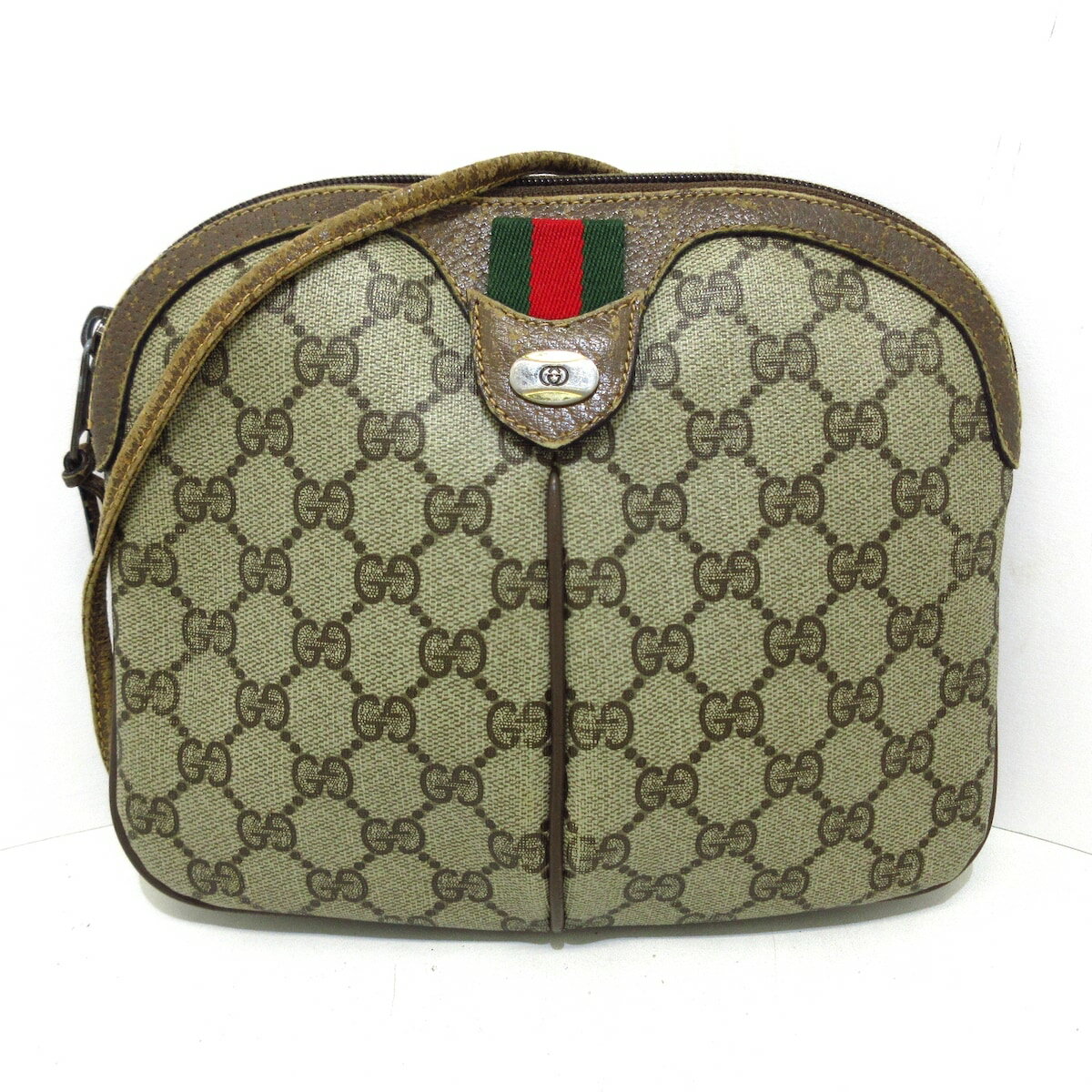 【中古】GUCCI(グッチ) オールドグッチ ショルダーバッグ ショルダーストラップ破れあり ベージュ×ダークブラウン×マルチ PVC(塩化ビニール)×レザー