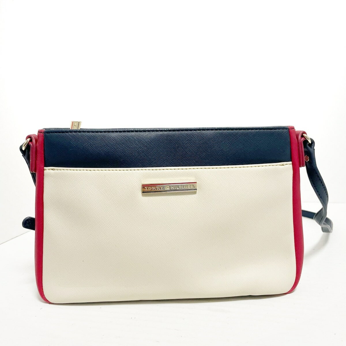 【中古】TOMMY HILFIGER(トミーヒルフィガー) ショルダーバッグ アイボリー×ダークネイビー×レッド PVC(塩化ビニール)