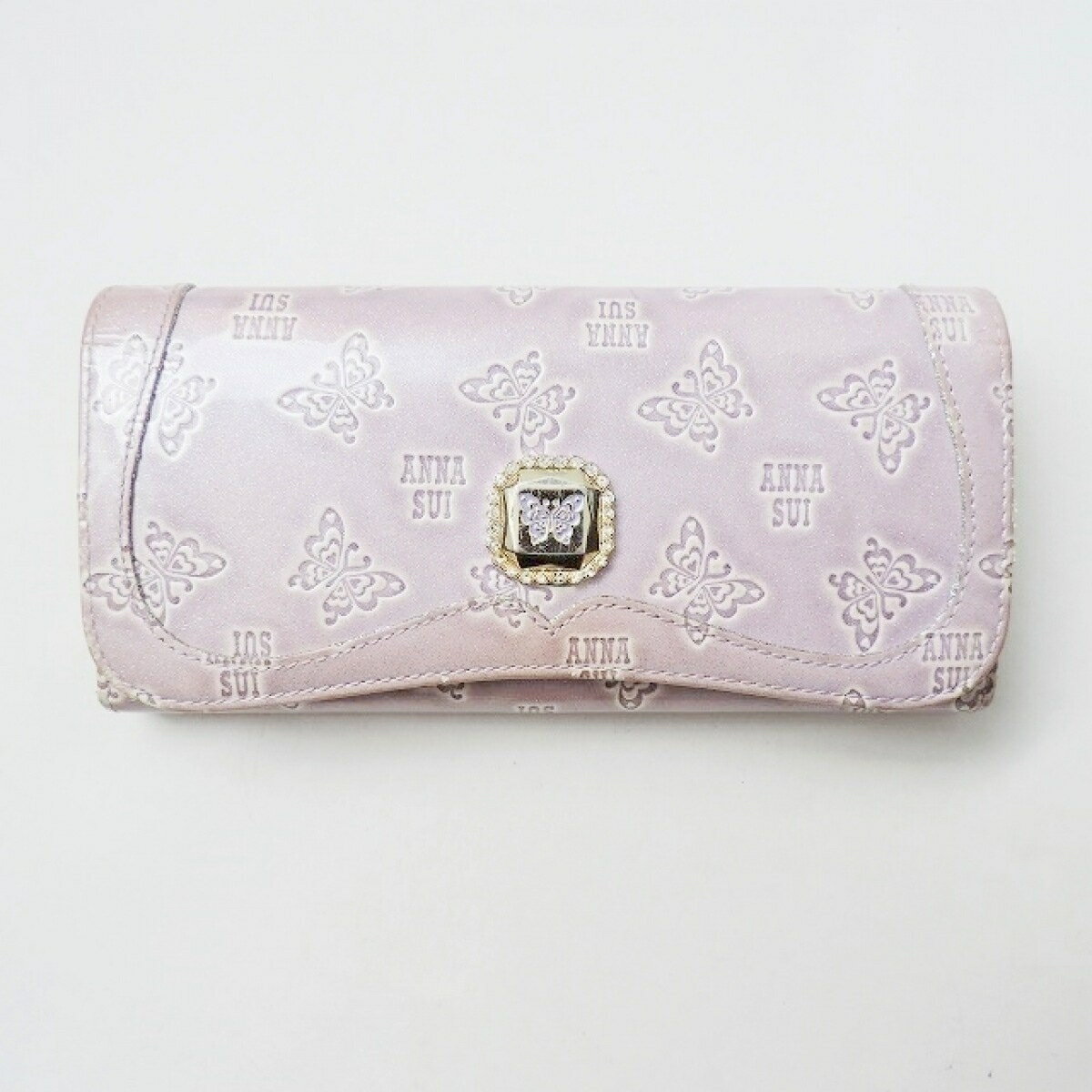 【中古】ANNA SUI(アナスイ) 長財布 バタフライ(蝶)/型押し加工/ラインストーン ライトパープル エナメル（レザー）