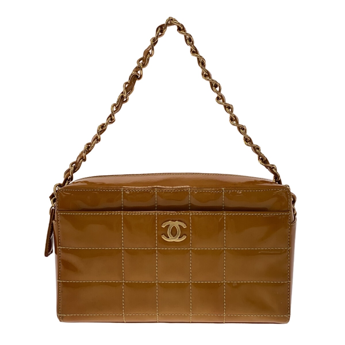 【中古】CHANEL(シャネル) チョコバー ハンドバッグ ゴールド金具 ダークイエロー エナメル（レザー）