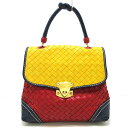 【中古】BOTTEGA VENETA(ボッテガヴェネタ) イントレチャート ハンドバッグ トップハンドル イエロー×レッド×ネイビー レザー