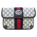 【中古】GUCCI(グッチ) GGプラス ウエストポーチ ベージュ×ダークネイビー×レッド PVC(塩化ビニール)×レザー