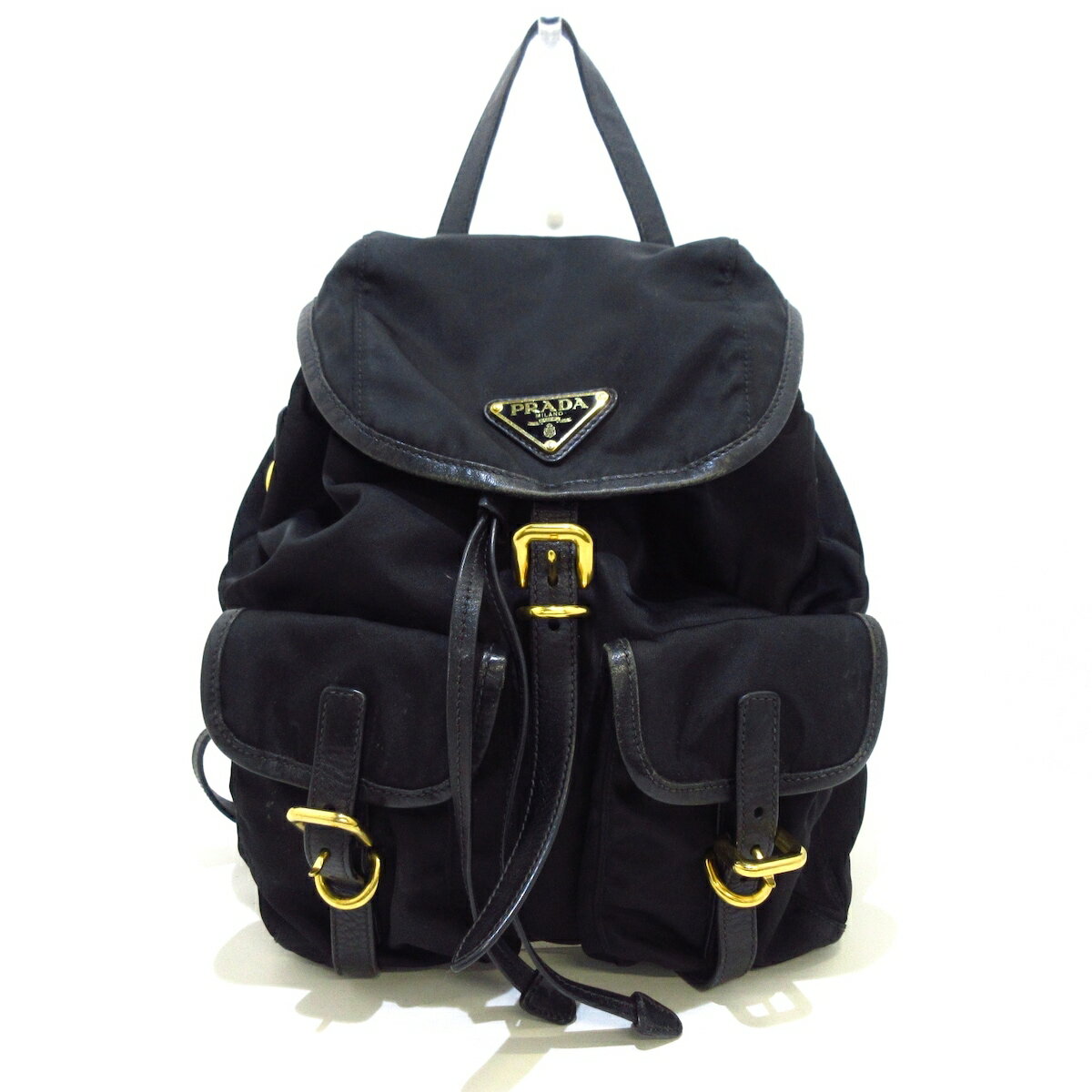 【中古】PRADA(プラダ) リュックサック 巾着型 黒 ナイロン×レザー