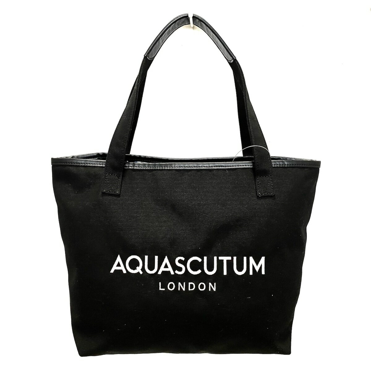 【中古】Aquascutum(アクアスキュータム) トートバッグ 刺繍 黒×白 キャンバス×レザー