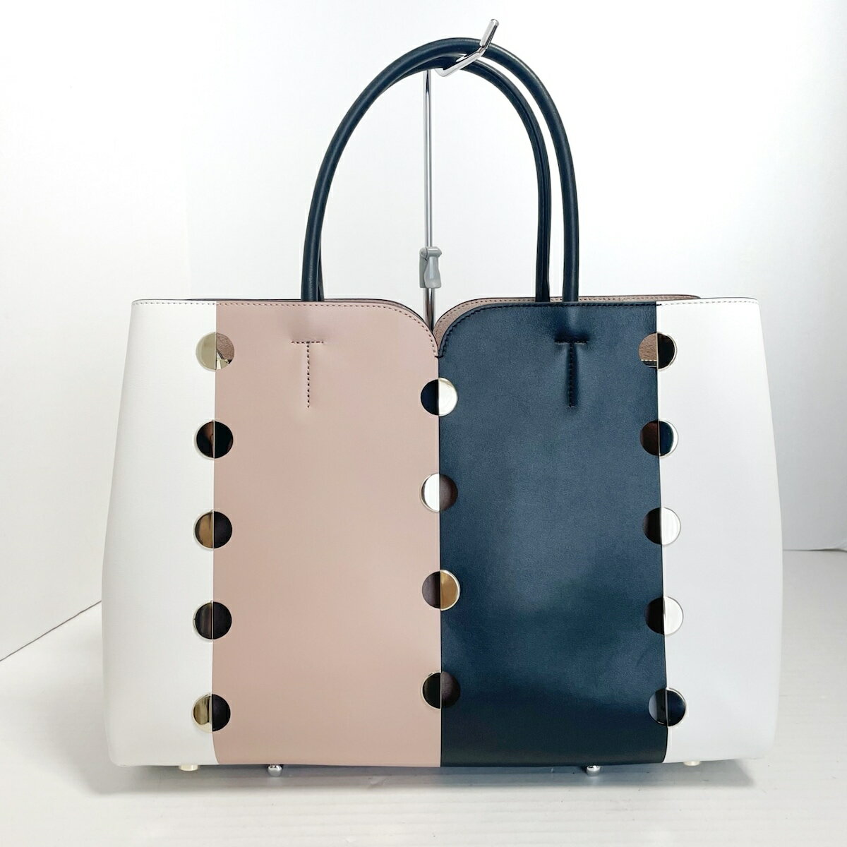 【中古】Kate spade(ケイトスペード) 二コラモッドドットラージサッチェル トートバッグ アイボリー×ピンクベージュ×黒 レザー