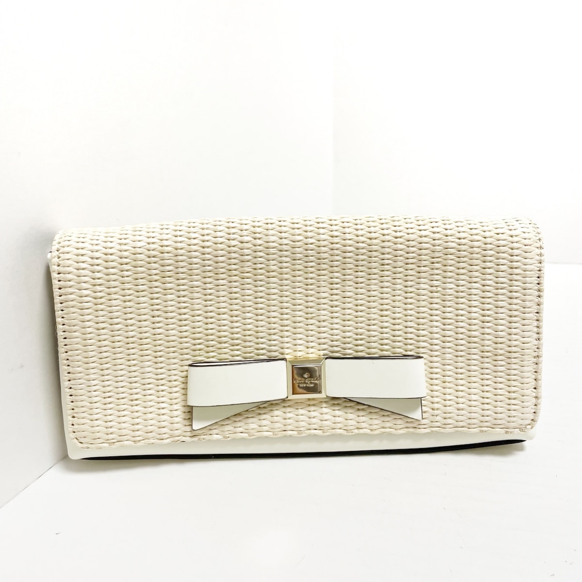 【中古】Kate spade(ケイトスペード) クラッチバッグ リボン ベージュ×アイボリー ストロー×レザー