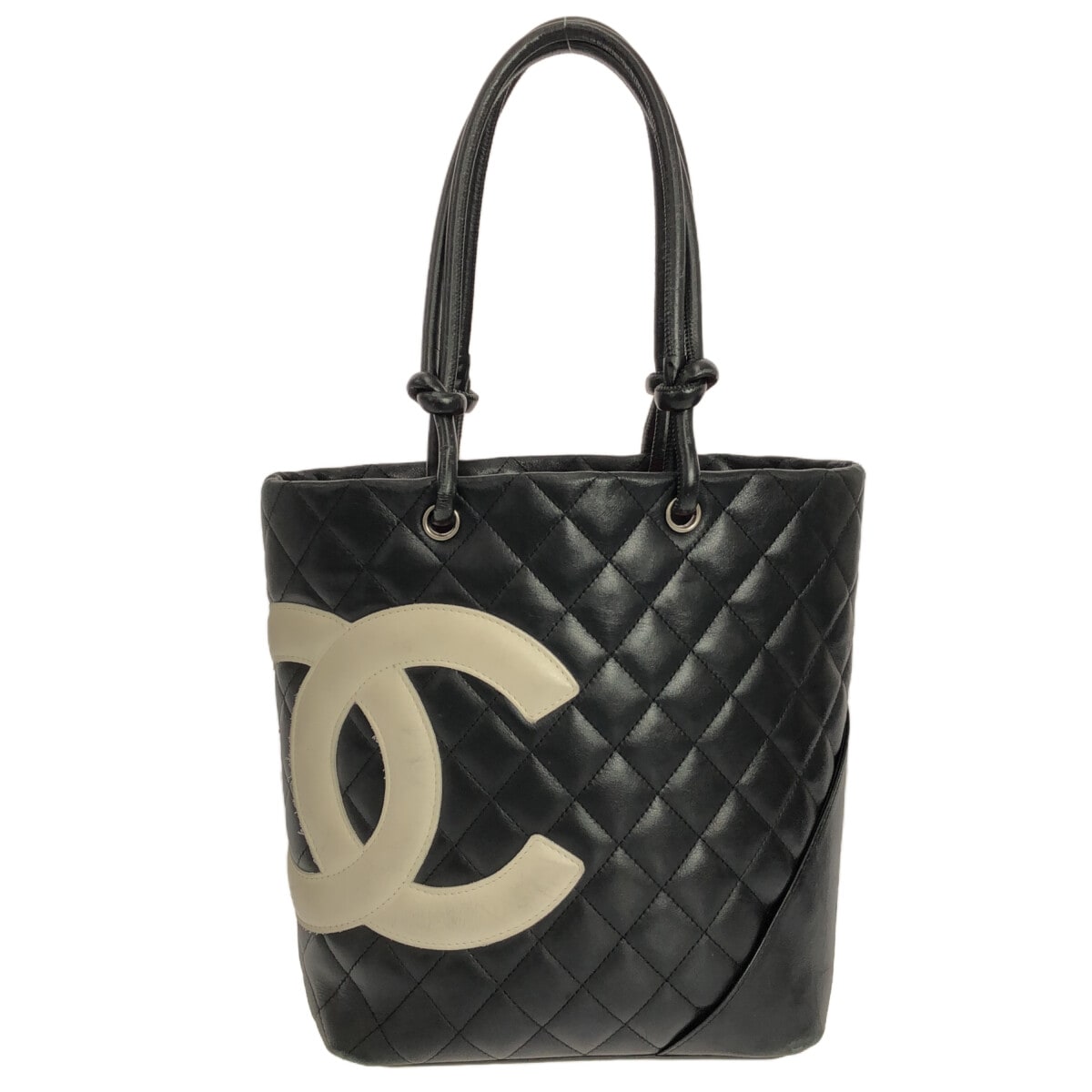 【中古】CHANEL(シャネル) カンボンラインミディアムトート トートバッグ 黒×白 ラムスキン