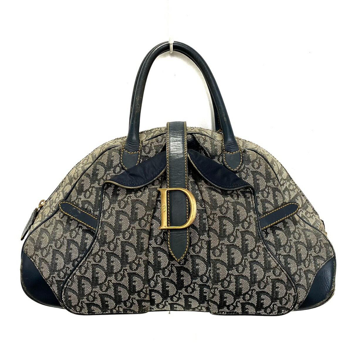 【中古】DIOR/ChristianDior(ディオール/クリスチャンディオール) ダブルサドルバッグ ハンドバッグ 白×ダークネイビー×ネイビー ジャガード×レザー