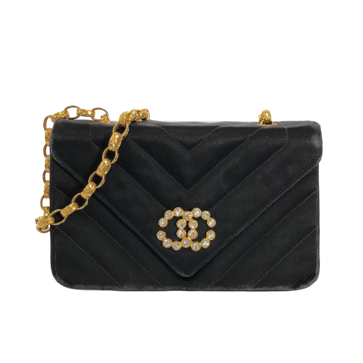 【中古】CHANEL(シャネル) Vステッチ(シェブロン) ショルダーバッグ ビジューチェーン/ゴールド金具/ラインストーン/ミニサイズ 黒 サテン