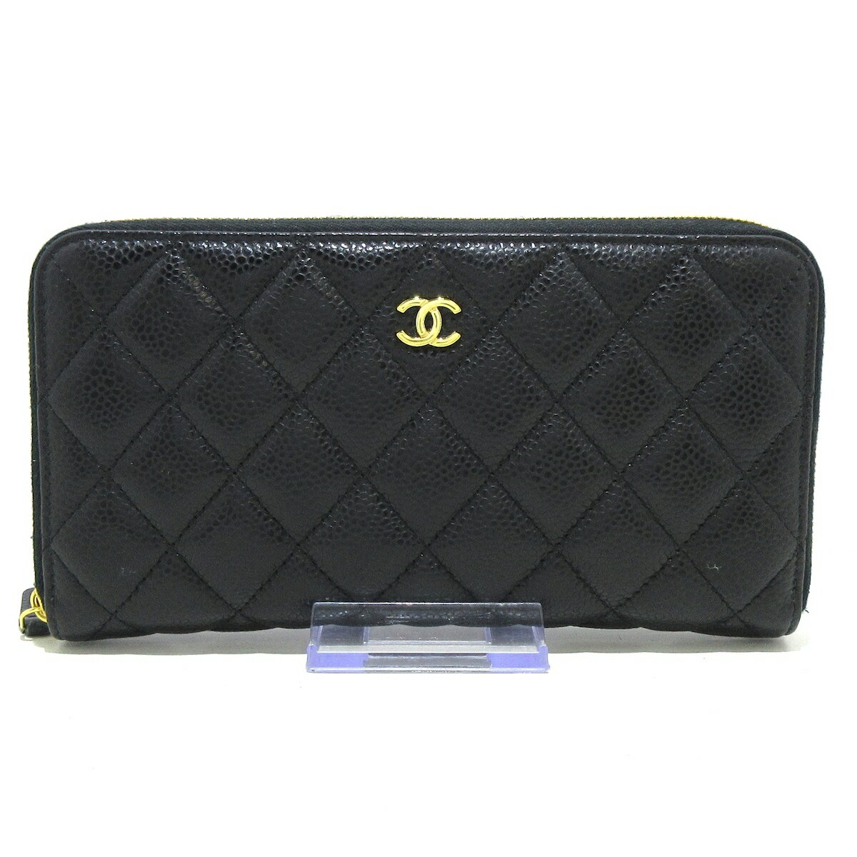 【中古】CHANEL(シャネル) マトラッセ 長財布 ゴールド金具/ラウンドファスナー 黒 キャビアスキン