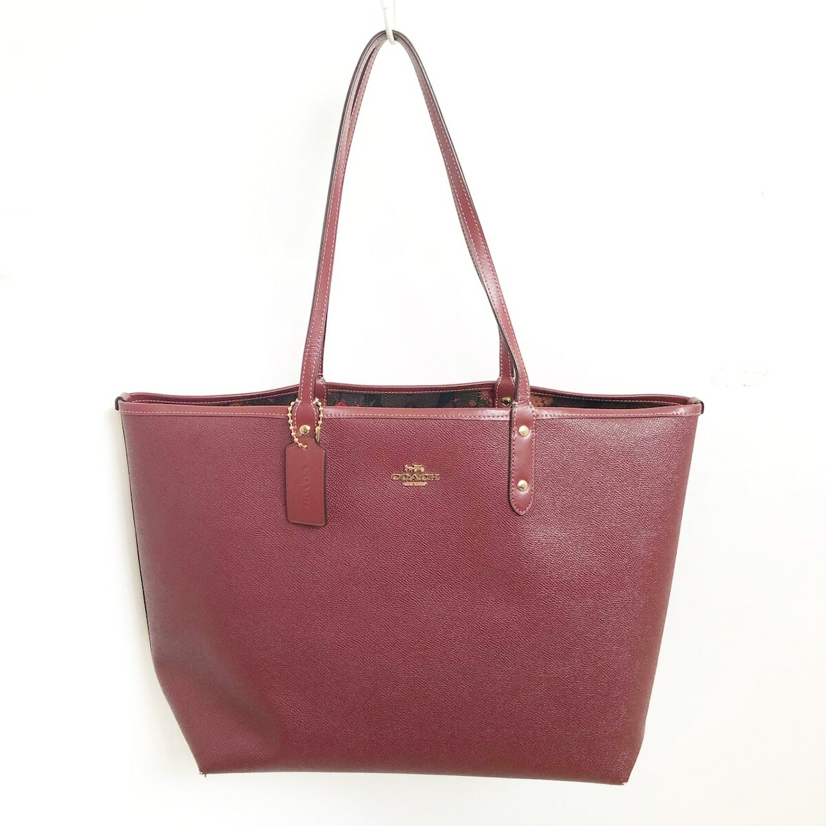 【中古】COACH(コーチ) シグネチャー フローラル プリント リバーシブルトートポーチ トートバッグ ボルドー PVC(塩化ビニール)×レザー