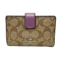 【中古】COACH(コーチ) シグネチャー ミディアム コーナー ジップ ウォレット 2つ折り財布 ブラウン×パープル レザー