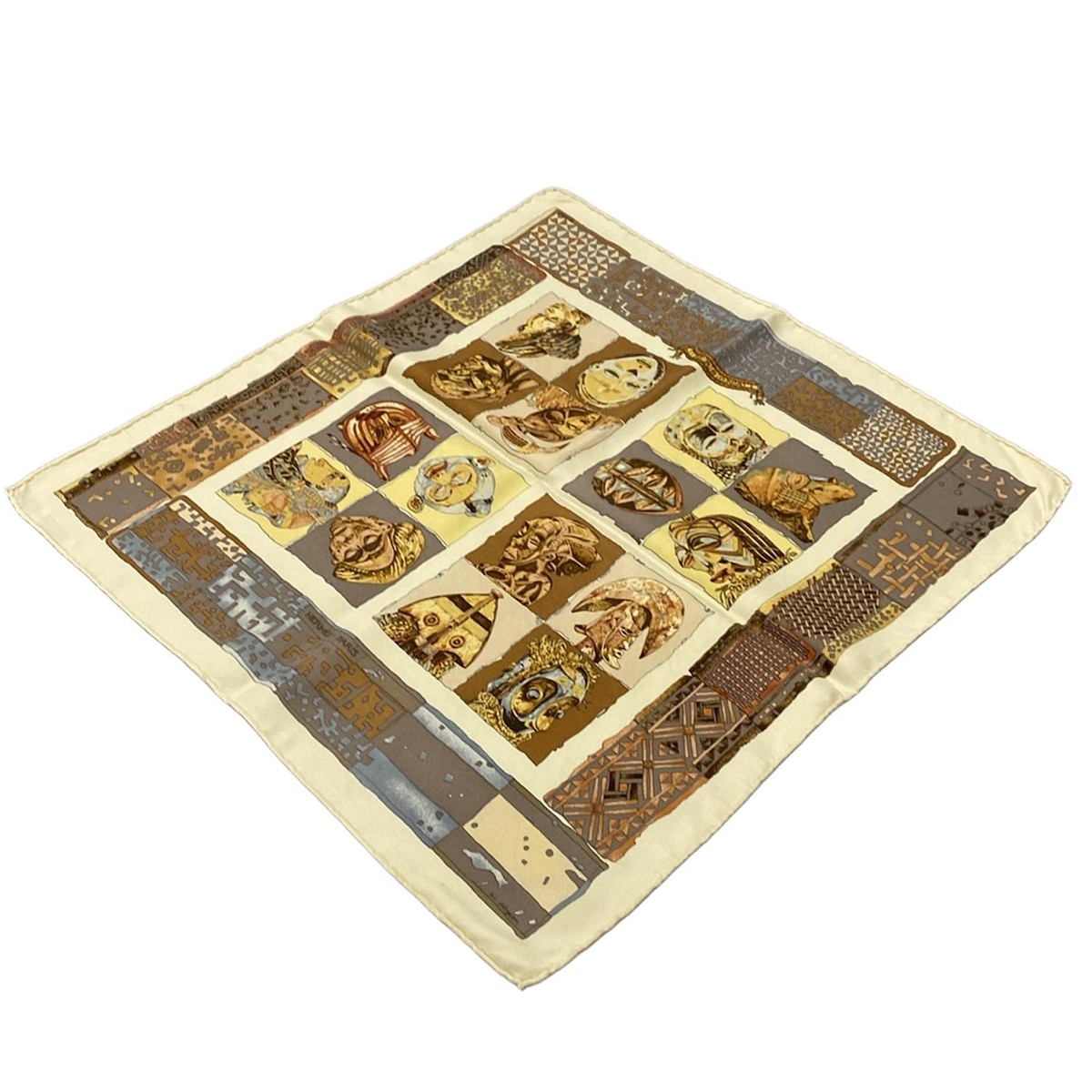 【中古】HERMES(エルメス) プチカレ スカーフ ペルソナ ベージュ×ライトブラウン×マルチ シルク