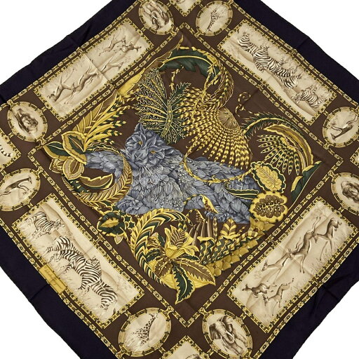 【中古】FERRAGAMO/SalvatoreFerragamo(サルバトーレフェラガモ) スカーフ アニマル柄 ブラウン×ゴールド×マルチ 【中古】FERRAGAMO/SalvatoreFerragamo(サルバトーレフェラガモ) スカーフ アニマル柄 ブラウン×ゴールド×マルチ
