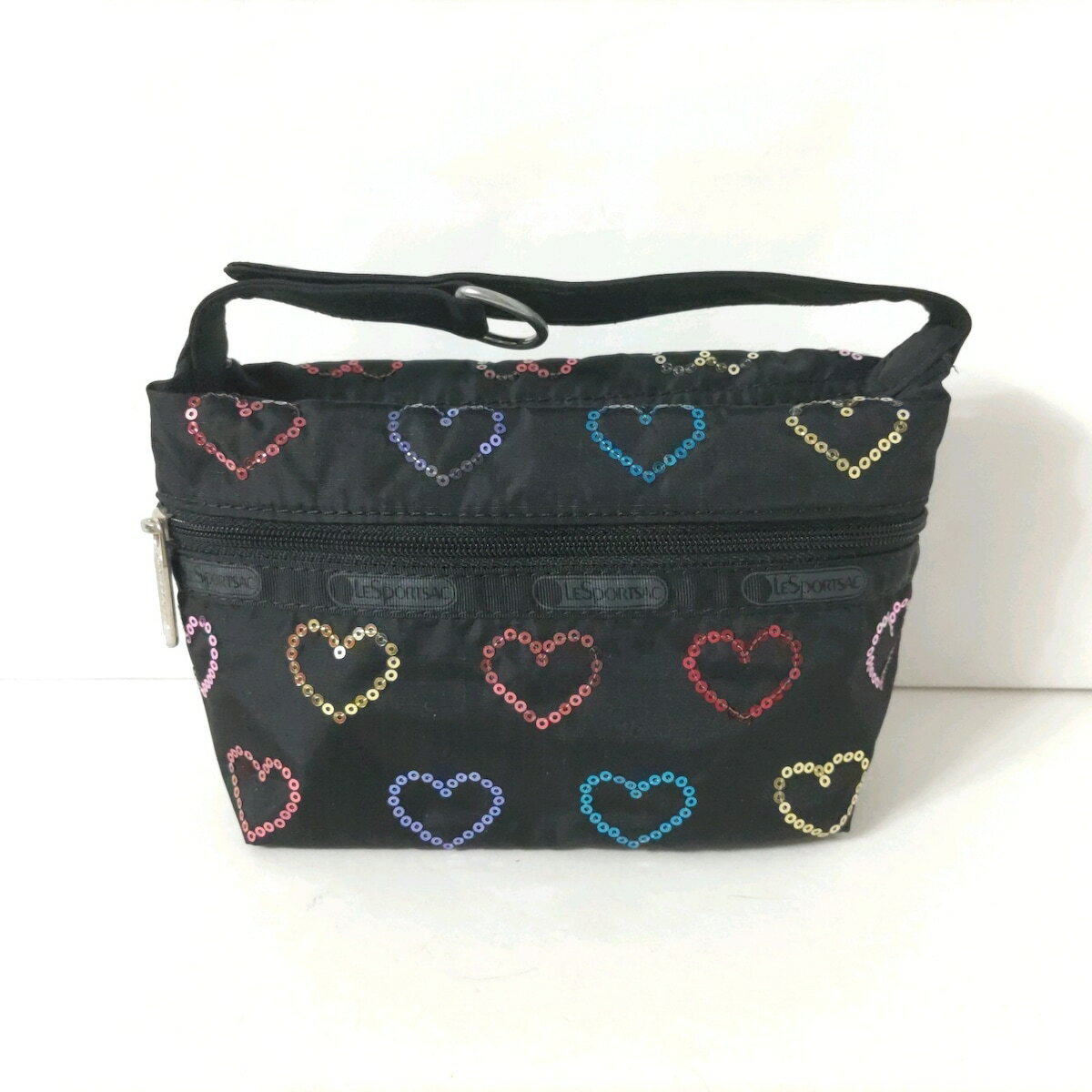 【中古】LESPORTSAC(レスポートサック) ポーチ スパンコール/ハート 黒×ゴールド×マルチ レスポナイロン