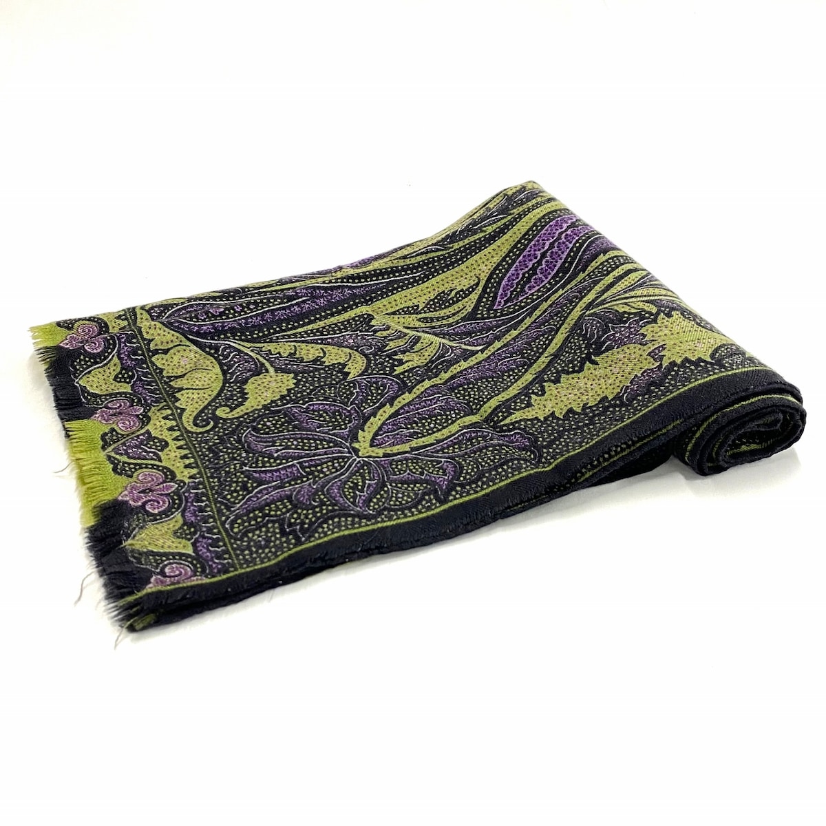 【中古】ETRO(エトロ) ストール(ショール) ペイズリー柄 カーキ×パープル×黒 カシミヤ×シルク