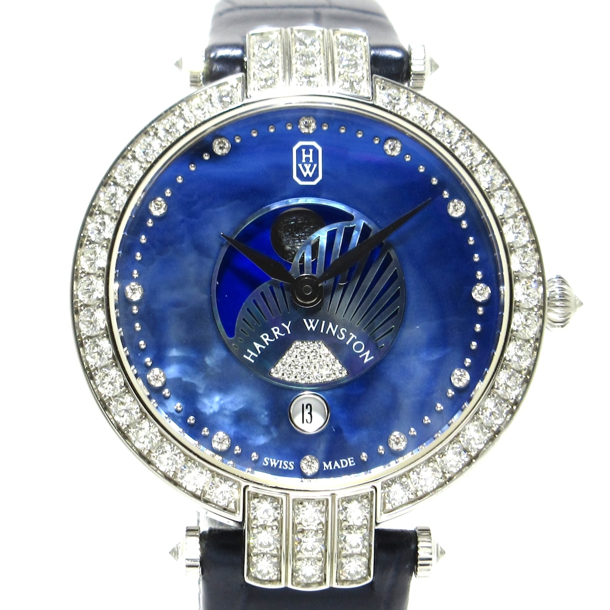 【中古】HARRY WINSTON(ハリーウィンストン) プルミエール ムーンフェイズ 36mm 腕時計 K18WG×革ベルト/ブルーマザーオブパール文字盤/ダイヤベゼル/ダイヤインデックス シェルブルー