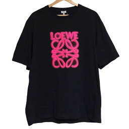 【中古】LOEWE(ロエベ) 半袖Tシャツ クルーネック 黒×ピンク
