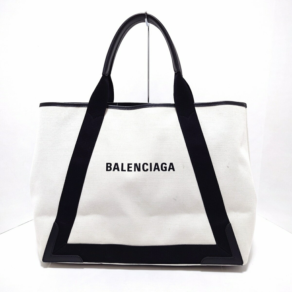 【中古】BALENCIAGA(バレンシアガ) ネイビーカバスM トートバッグ アイボリー×黒 キャンバス×レザー