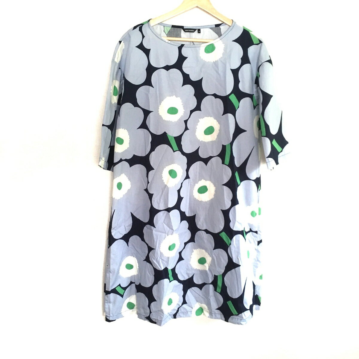 【新着】【中古】marimekko(マリメッコ) ワンピース 長袖/ロング/花柄 ライトブルー×ダークネイビー×マルチ