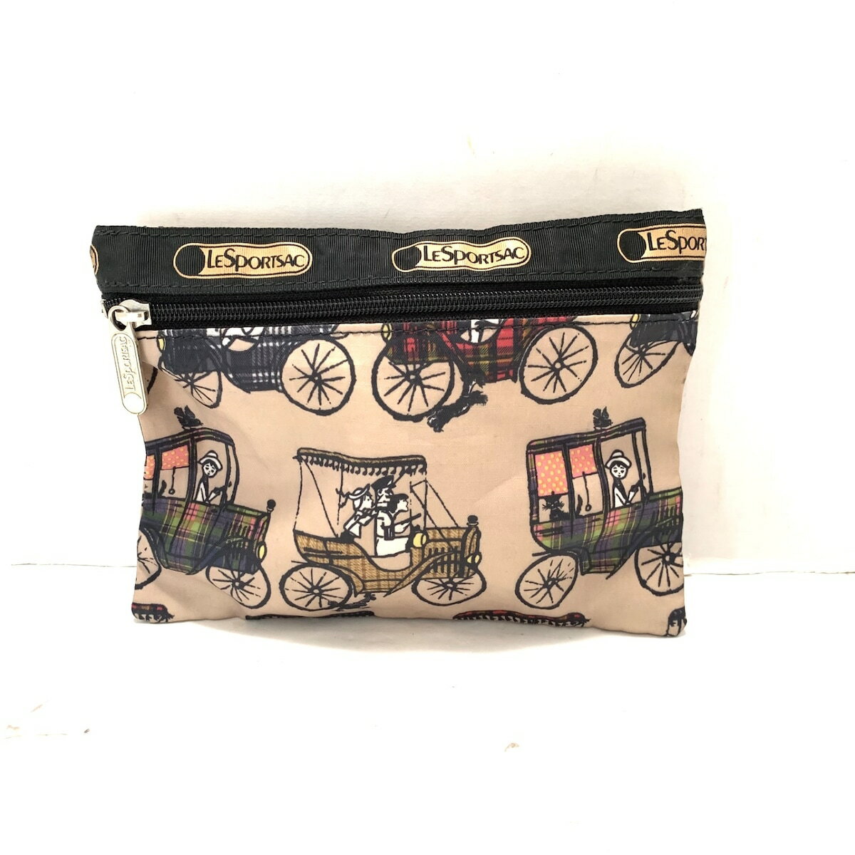 【中古】LESPORTSAC(レスポートサック) ポーチ 馬車柄 ベージュ×黒×マルチ レスポナイロン