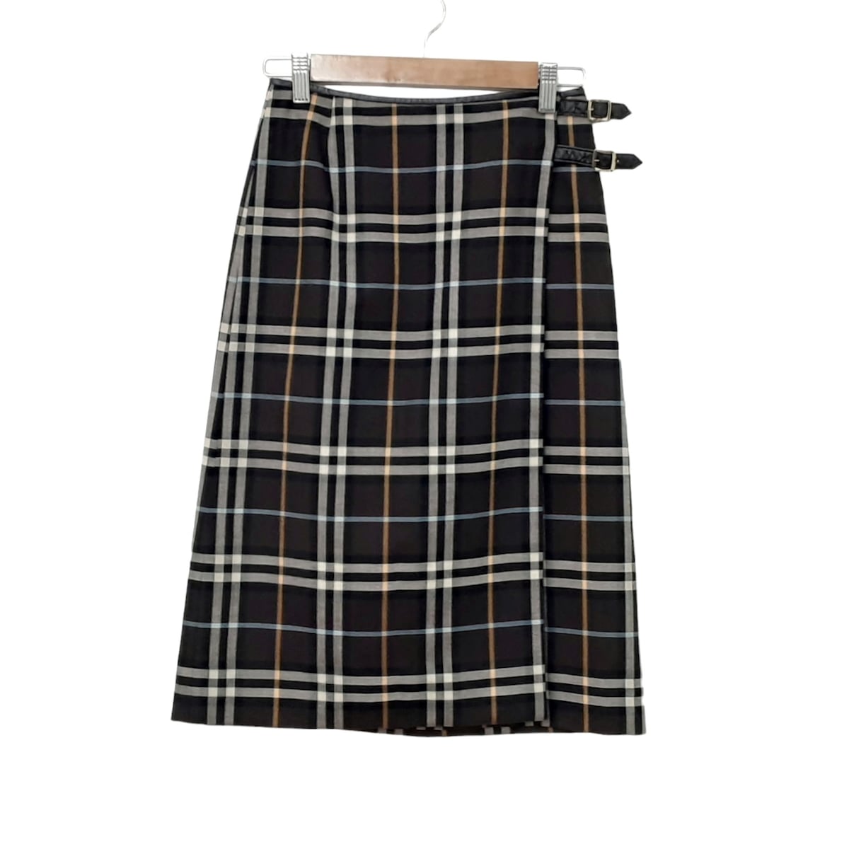 【中古】Burberry LONDON(バーバリーロンドン) 巻きスカート ひざ丈/チェック柄 ダークブラウン×黒×マルチ