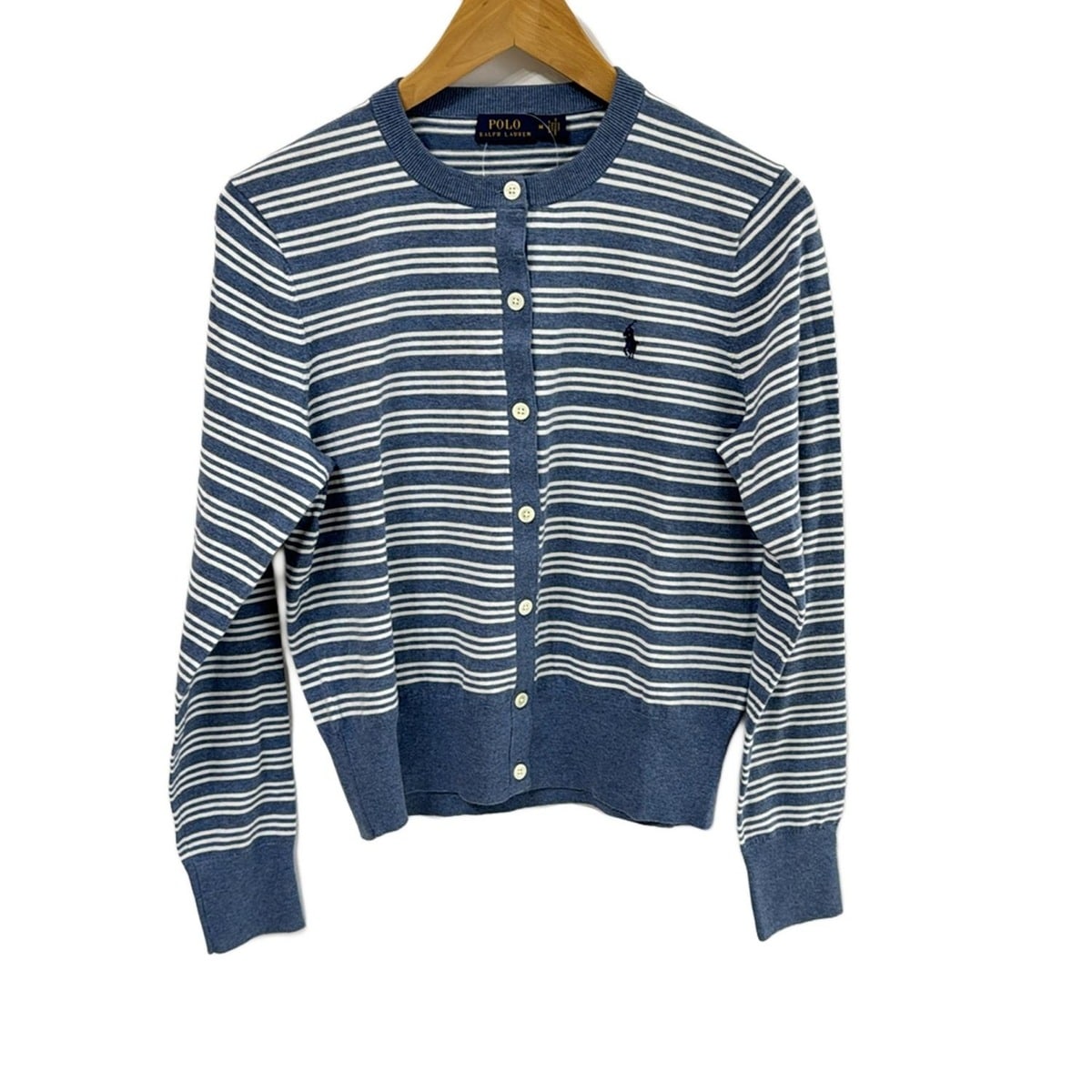 【中古】POLObyRalphLauren(ポロラルフローレン) カーディガン 長袖/ボーダー ライトブルー×白