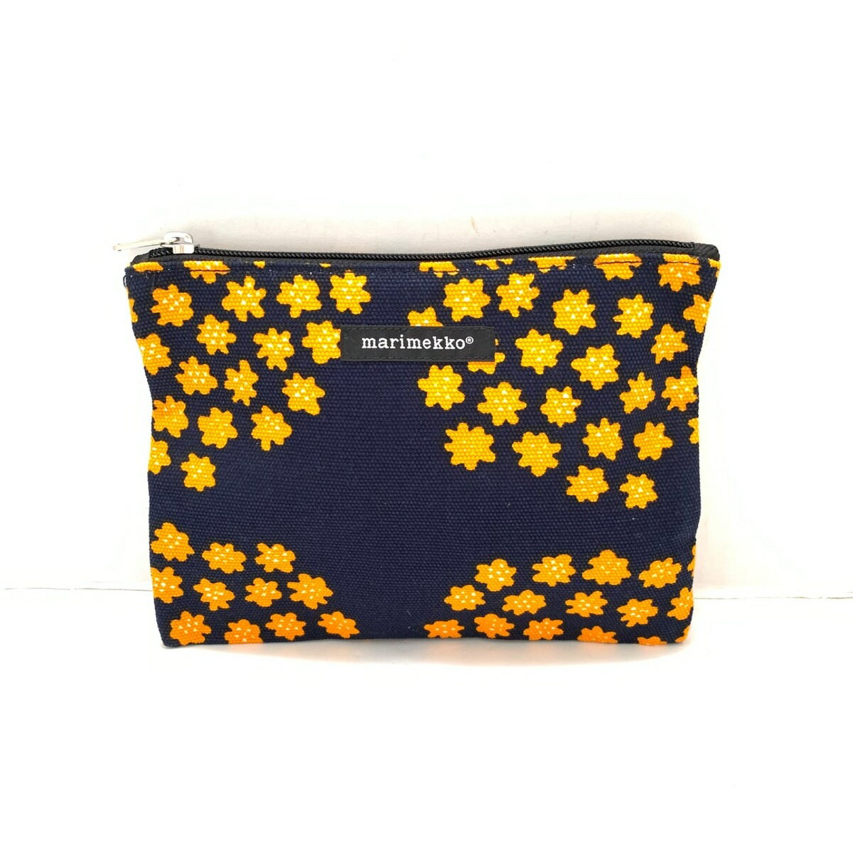 【中古】marimekko(マリメッコ) ポーチ 花柄 ダークネイビー×オレンジ キャンバス