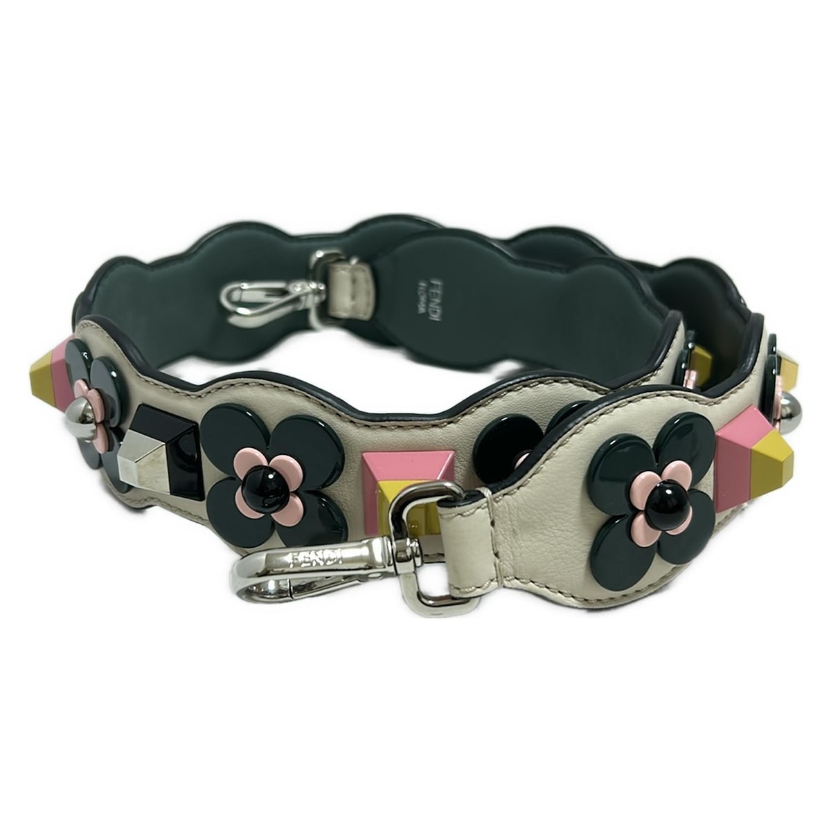 【中古】FENDI(フェンディ) ストラップユー ショルダーストラップ フラワー(花)/スタッズ アイボリー×ダークグレー×マルチ レザー
