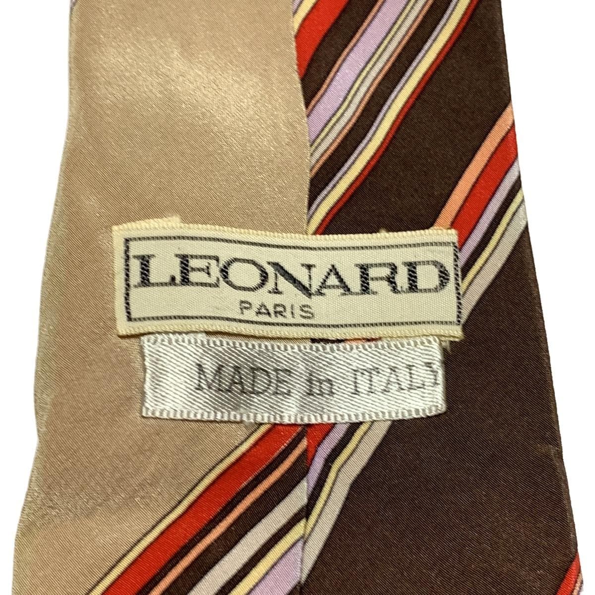 【中古】LEONARD(レオナール) ネクタイ レジメンタル/花柄 ダークブラウン×ベージュ×マルチ