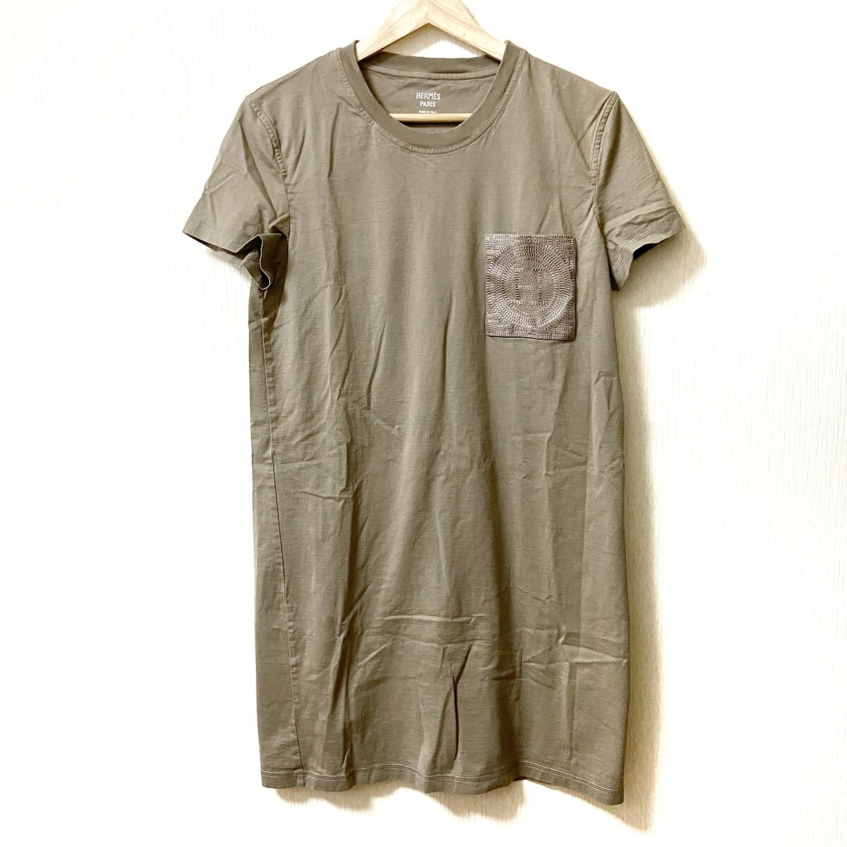 【中古】HERMES(エルメス) ワンピース クルーネック/半袖/ミニ/刺繍 グレーベージュのサムネイル