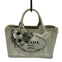 【新着】【中古】PRADA(プラダ) CANAPA(カナパ) トートバッグ フラワーモチーフ ライトグレー×黒